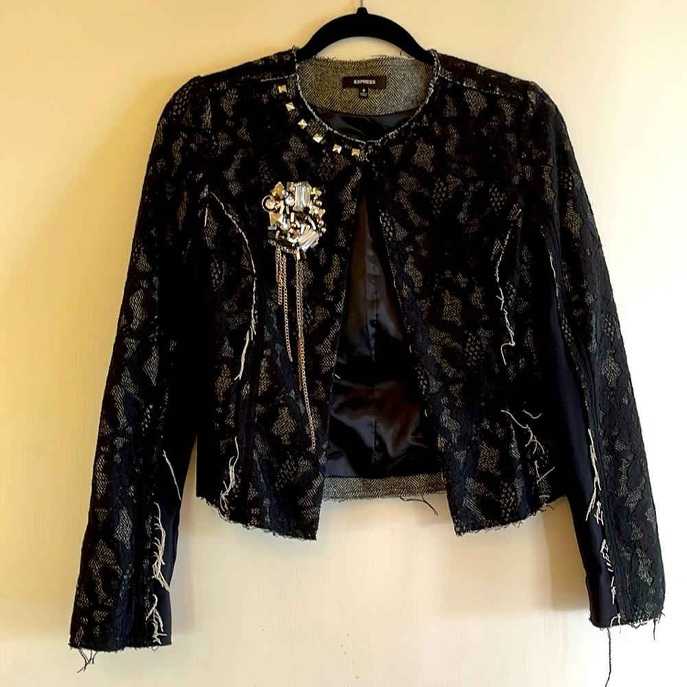 Express distressed lace blazer jacket embellished studs black tweed small edgy